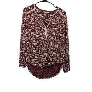 Women's Lucky Brand Floral Long-Sleeve Peasant Top Maroon & White Size S
